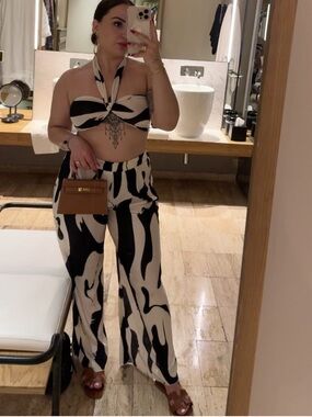 Black and White Abstract Two-Piece Set - Halter Top & Wide Leg Pants
